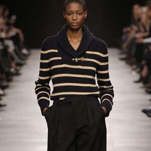 Ralph Lauren Preppy Striped Ribbed Shawl Collar Gold Toggel Closure Sweatshirt